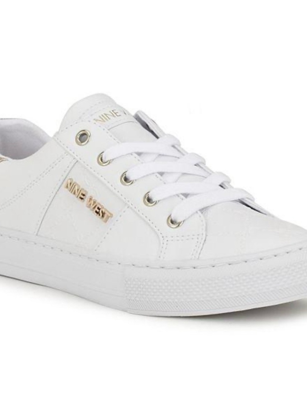 Nine West White Leather Low-Profile Lace-Up Sneakers with Gold Accents‎